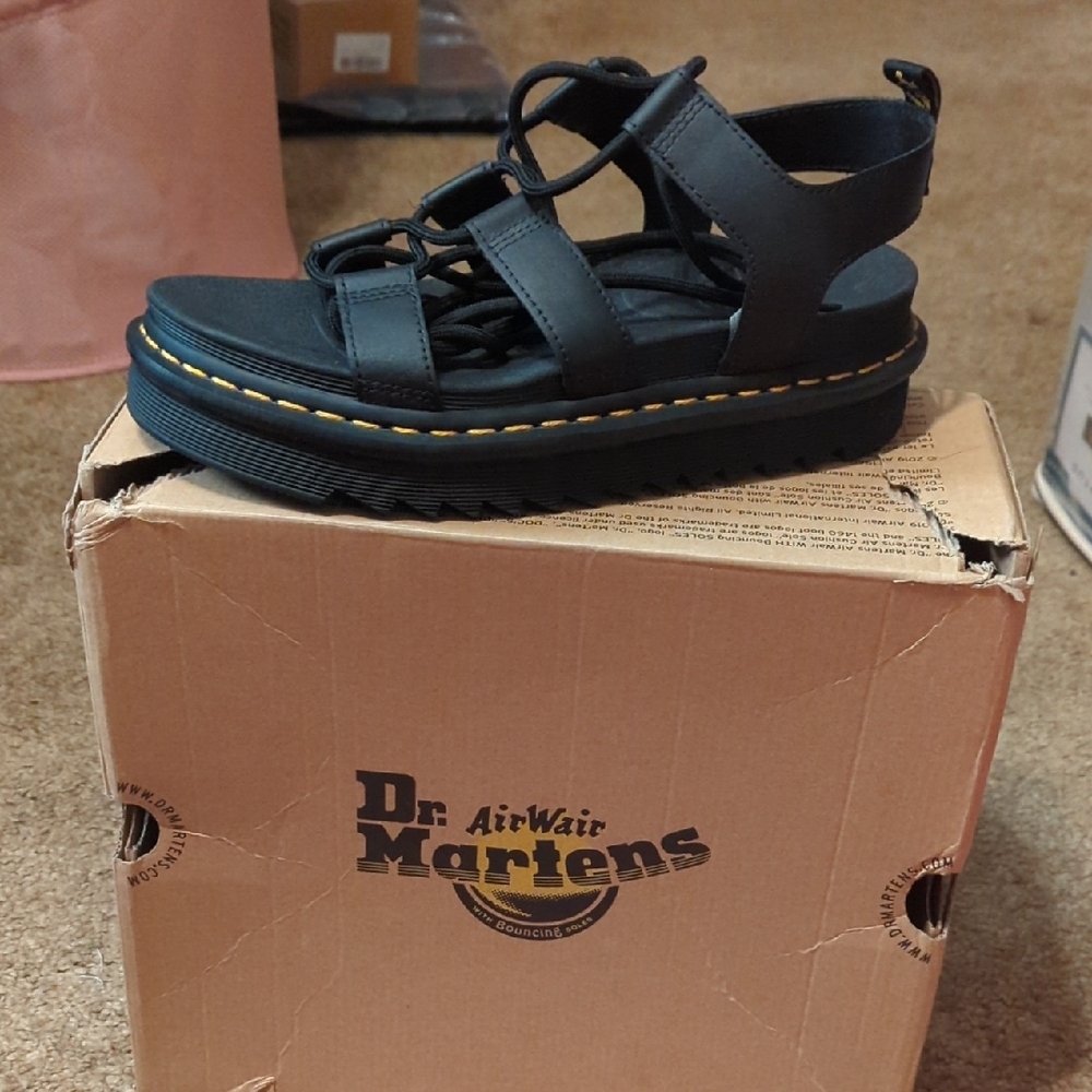 Dr. Martens Black Strappy Platform Sandals with Yellow Stitching